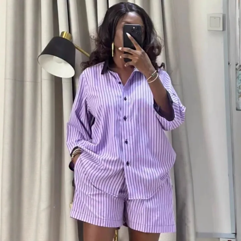 African Women 2 Piece Outfit Purple Striped 3/4 Sleeve Shirt Elastic Waist Shorts Loungewear Casual Matching Set Homewear
