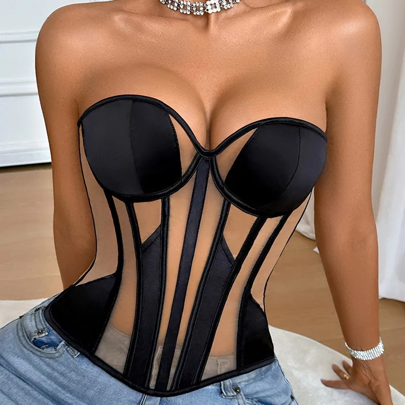 No Pattern Ultra Short Length Top Slim Fit Urban with Elegant Commuter Backless Bustier Wear as Inner or Outer