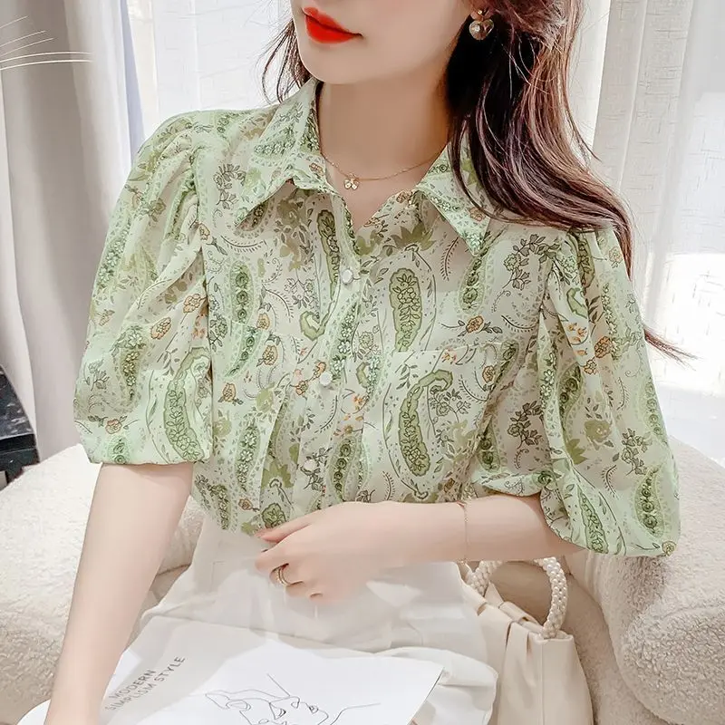 Summer Woman Clothes French Romantic Fashion Style Chiffon Shirt Top Polo-neck Puff Sleeve Floral Chic Elegant Popularity Casual