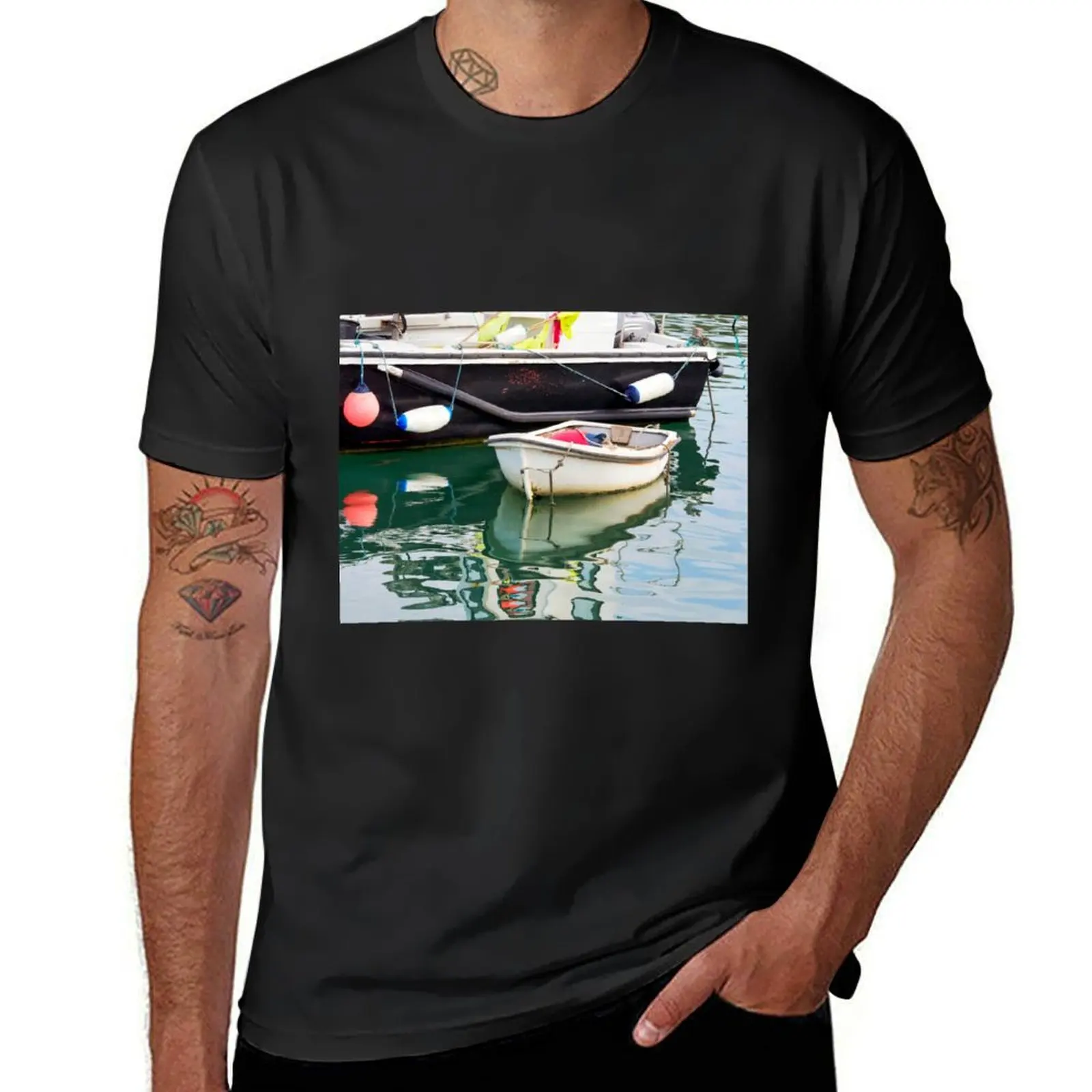 Boat Reflections in Calm Harbour Waters T-Shirt heavyweights boys whites boys animal print oversized t shirts for men