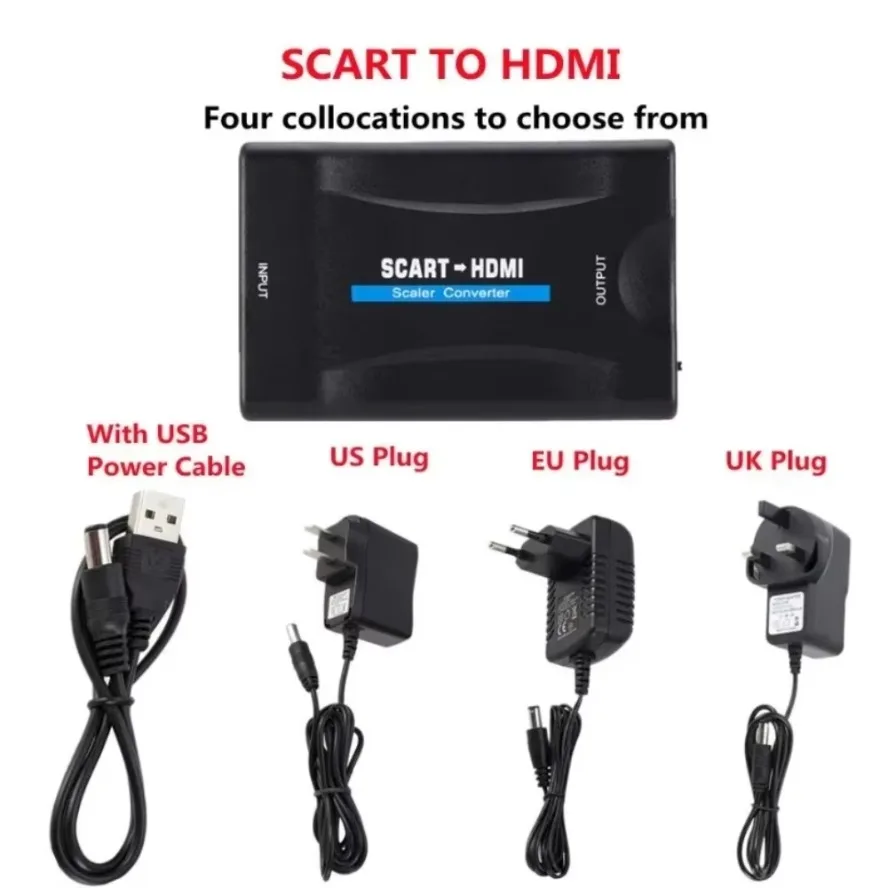 SCART To HDMI-compatible 1080P Video Audio Upscale Converter Adapter with USB Cable for Sky Box STB Plug and Play DC Cable