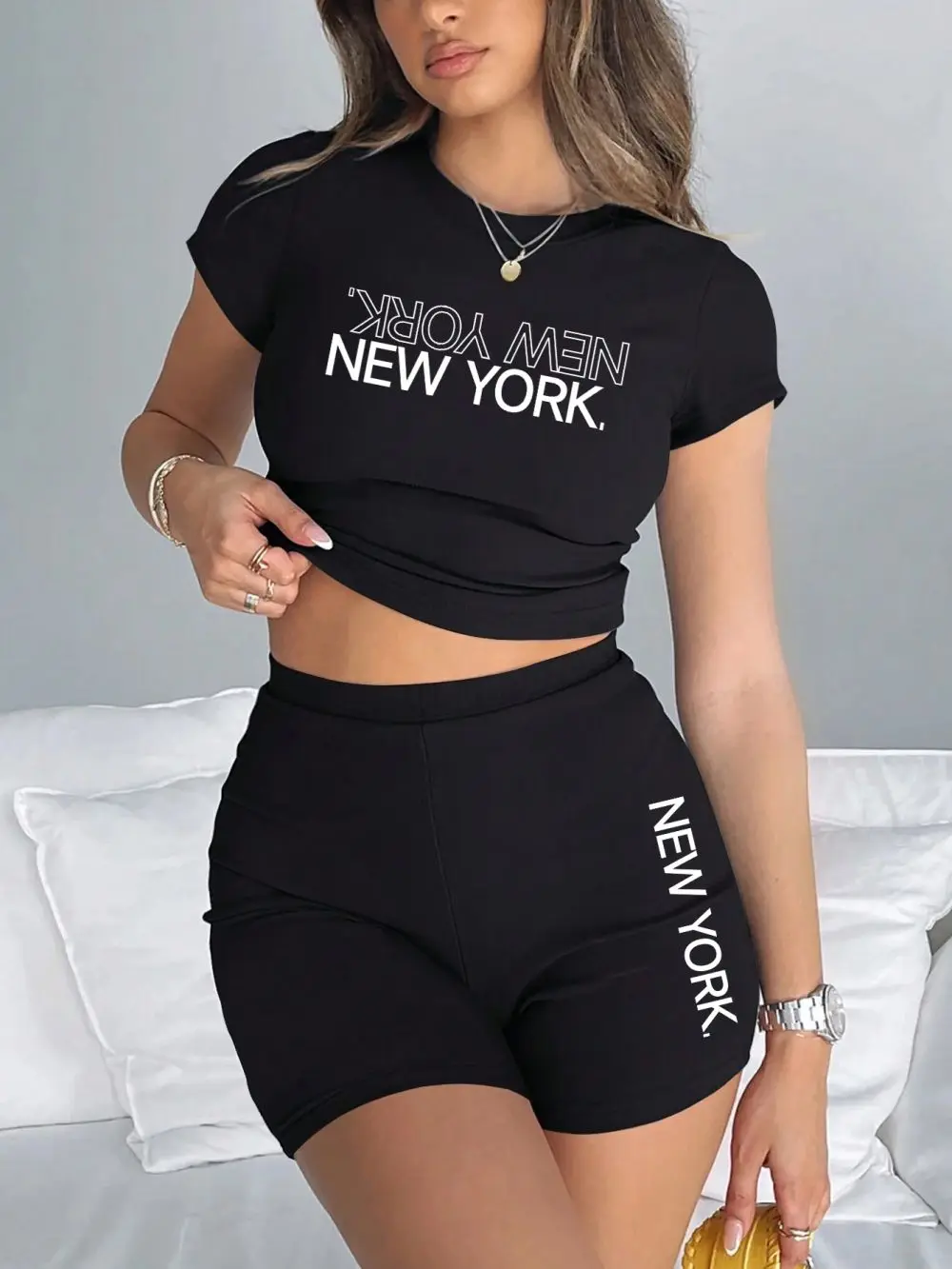 2 Pieces Set Fashion Women High Elastic Crop Tops New York City Letter Prints T-Shirts & Pants Street Modal Cotton Soft Clothes