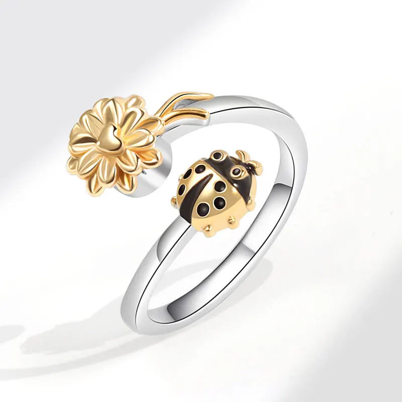 Cute Open Size Rotable Flower Ring For Women Zircon Jewelry Decompression Anxiety Enamel Ladybug Rings