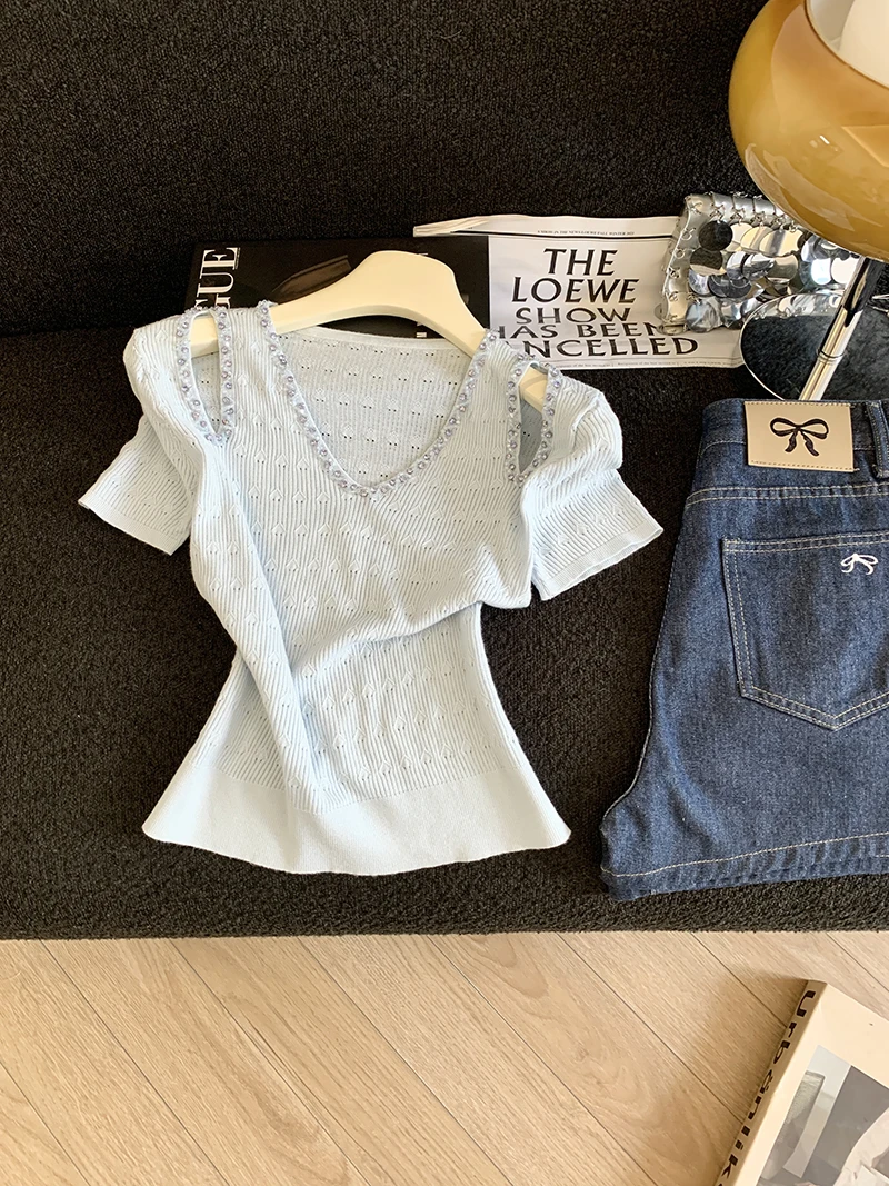 Slim-fitting Off-shoulder Blouse with a Strong Design, Heavily Beaded, Elegant, and Youthful-looking T-shirt for Women