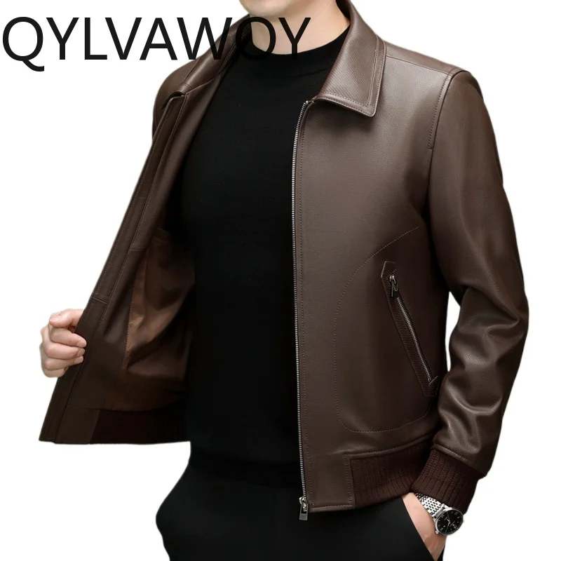 QYLVAWOY Genuine Leather Jacket Men SpringAutumn High Quality Real Sheepskin Coat Lapel Casual Fashion Leather Jackets Outerwear