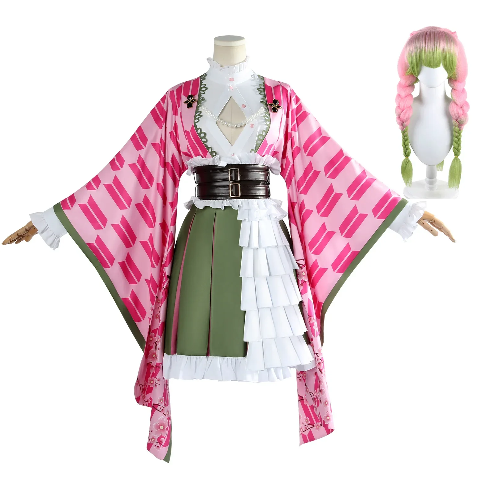 Kanroji Mitsuri Women's Cosplay Costume Set with Wig And Belt Anniversary Adult Anime Outfit for Halloween And Cosplay Events