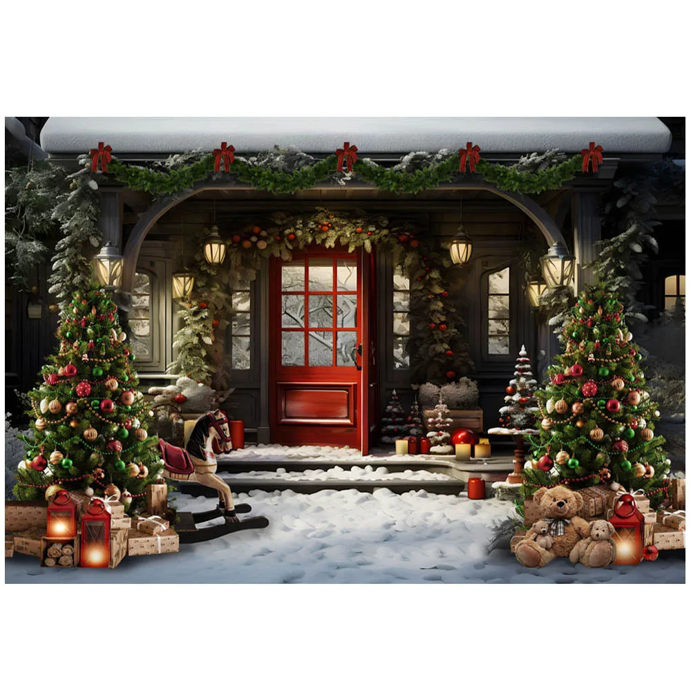 Mocsicka Winter Christmas Backdrop Red Door Xmas Tree Snowfield Outdoor Kids Portrait Photography Backgrounds Photo Studio Props
