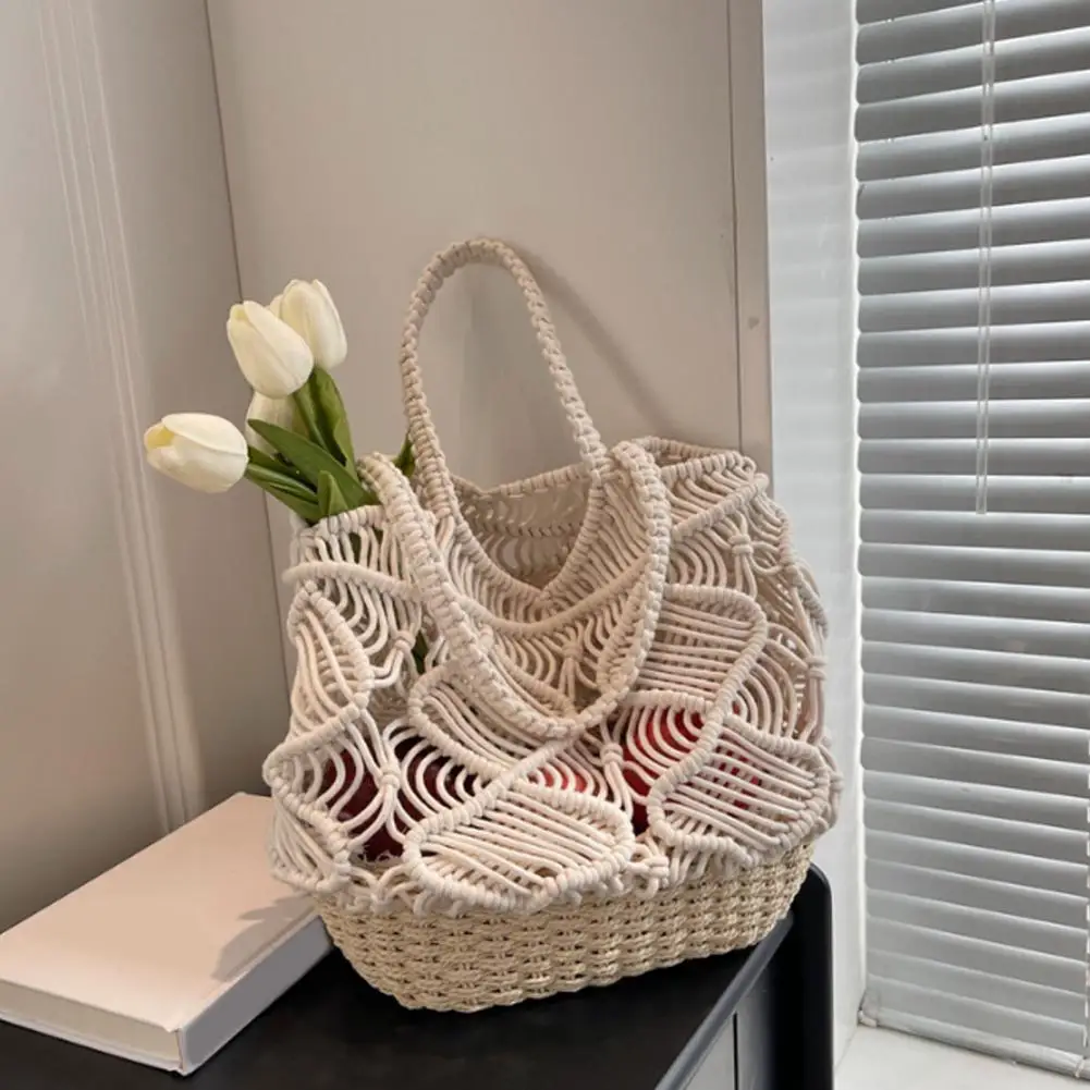 Straw Bag Beach Hollow Handmade Vacation Style Portable Handwoven Rattan Large Straw Bag Shopper Travel Shoulder Tote Bags