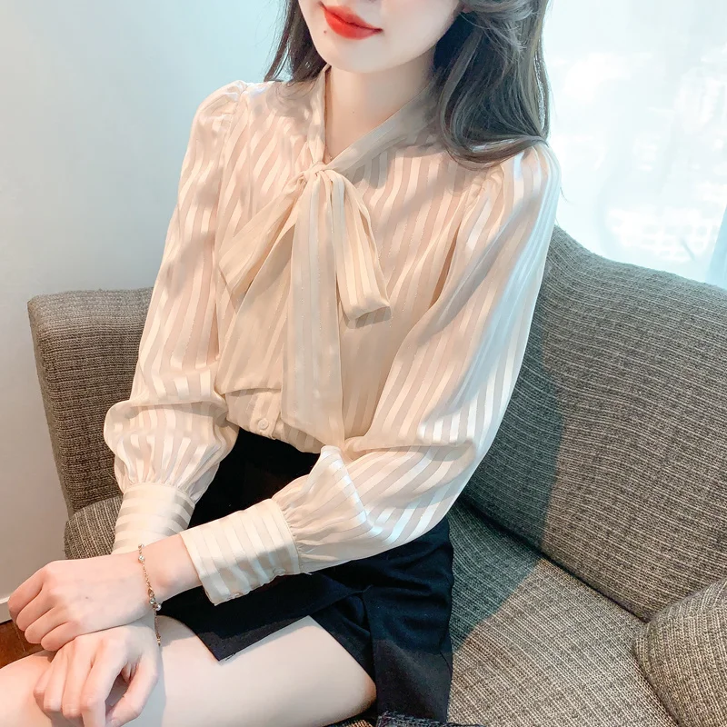 Korean Style Striped Long Sleeve Chiffon Blouse for Women Autumn2025Autumn New Fashion Bowknot Stylish Versatile Top