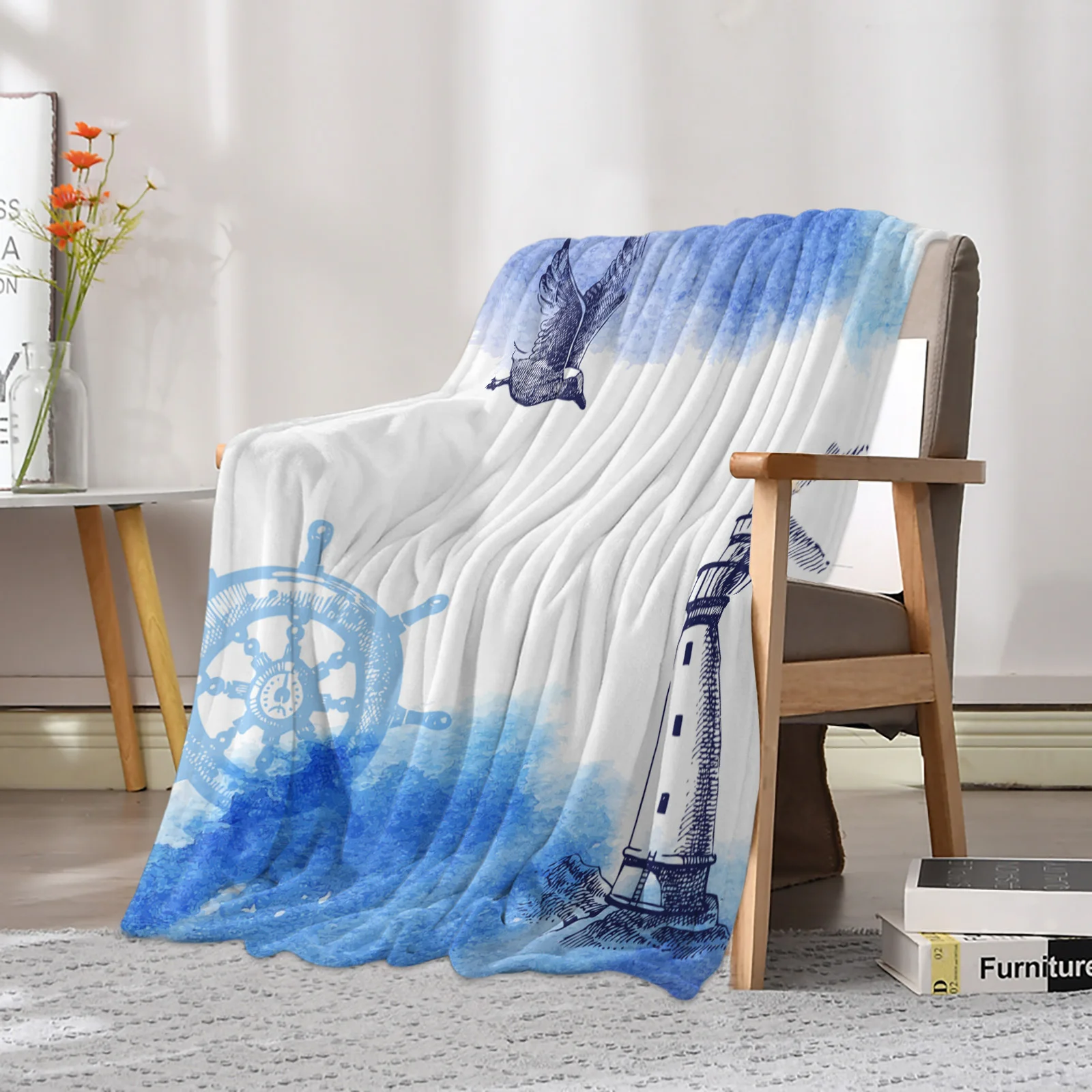 Blue Lighthouse Ocean Watercolor Printed Throw Blanket Flannel Fleece Blankets Soft Throws for Sofa Couch Bed Bedroom Bedspread