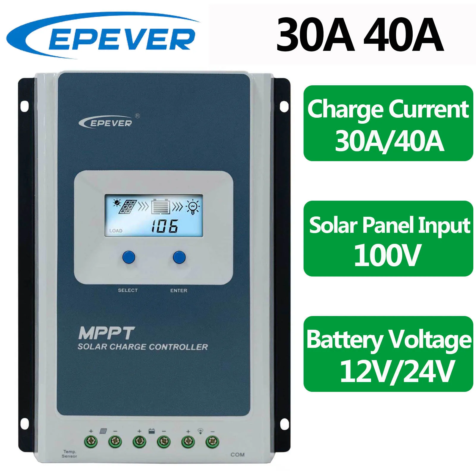 EPEVER New Upgrade 30A 40A MPPT Solar Charge Controller Max PV Input 100V Auto Identify 12 24V Can be Used Without Battery