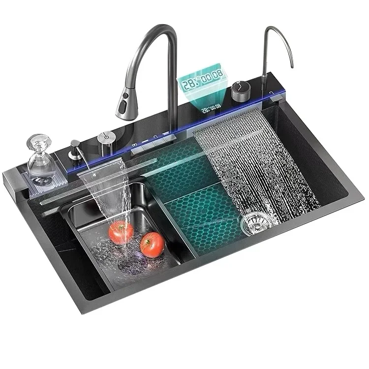 Küchenspüle, luxuriöses Organizer-Rack, Spüle, Geschirr, Aufbewahrungsregal, OEM-Edelstahl, modern, schwarz, fliegender Regen, Wasserfall, intelligent