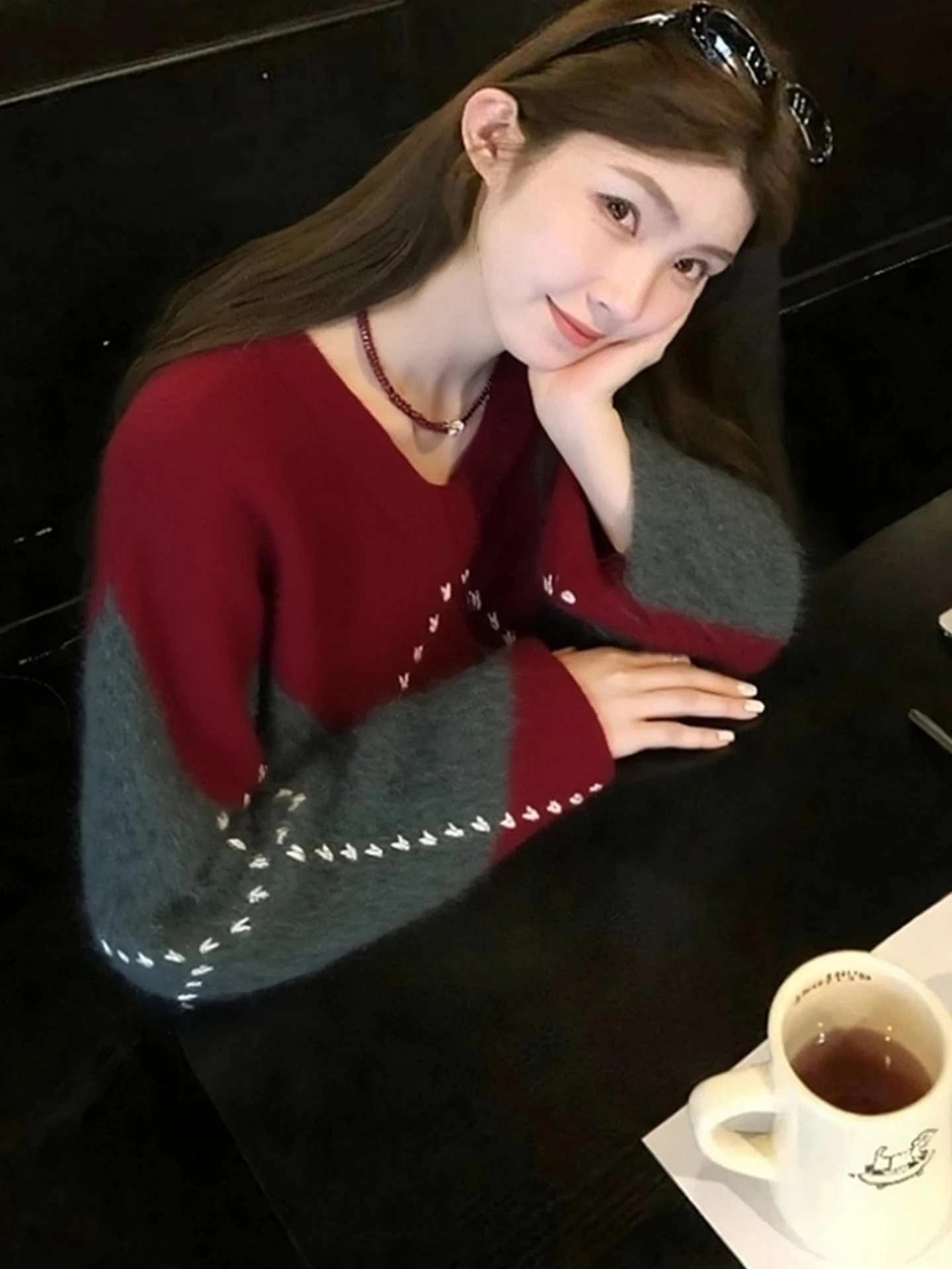 Faionable Color Blo Cisas Red Long Sve gebreide trui Winter Cosy Sle Overhead Design Koreaanse losse pasvorm gebreide kleding