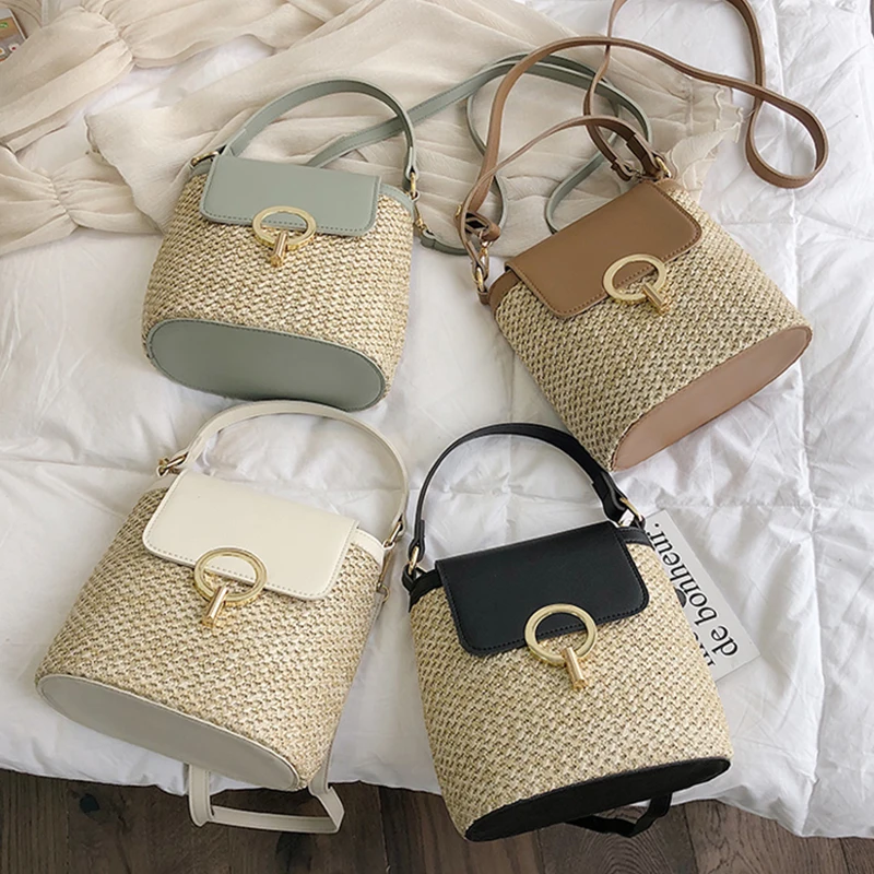 Beach Lady Travel Purses and Handbags Casual Chains Straw Bucket Bags Women Summer Messenger Bag Rattan Bags Shoulder Bag Bolsa