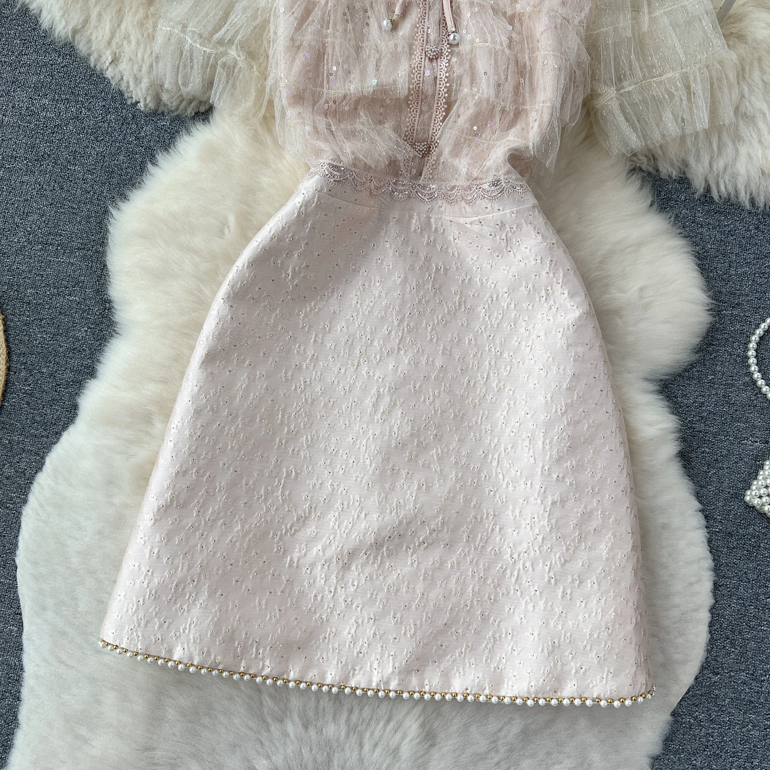 E Vestido de Noche con Lentejuelas Brillantes, Bordado, Cintura Alta, Corte en A, Pedrería, Estilo Coreano, Manga Corta