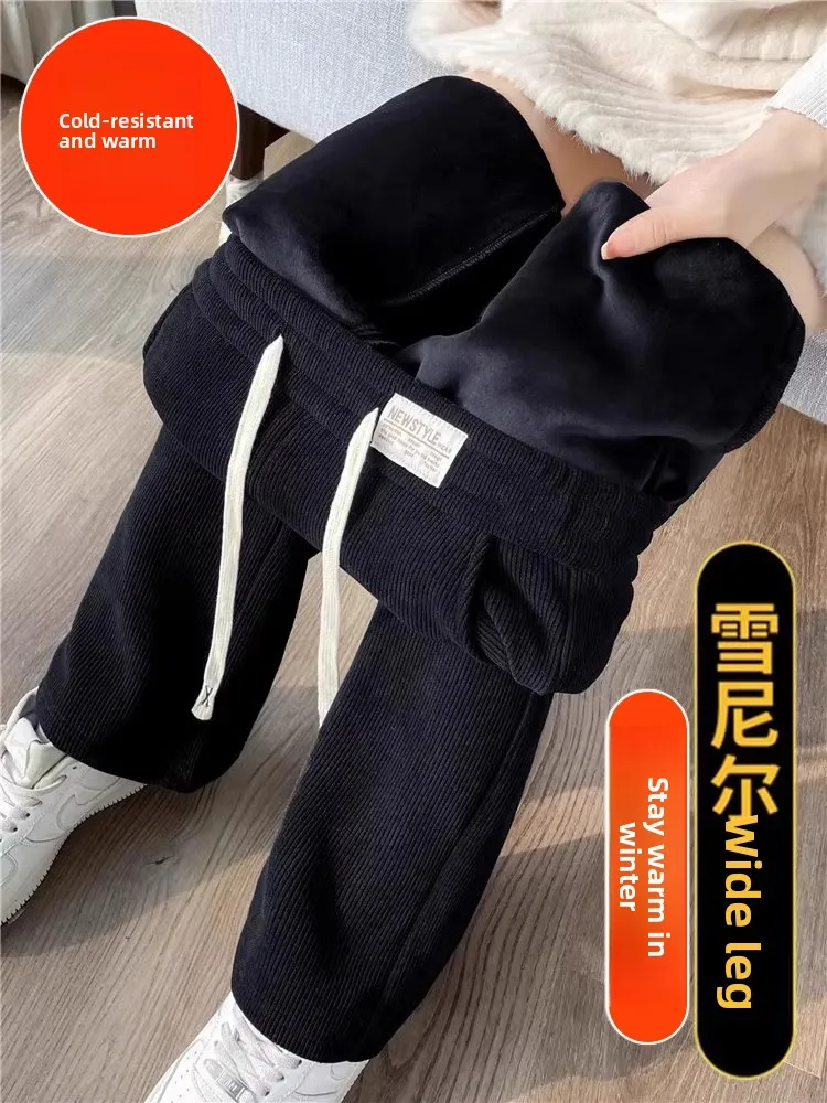 

Женские прямые брюки с высокой талией, теплые широкие брюки на подкладке, осень-зима, вельветовые удобные корейские брюки