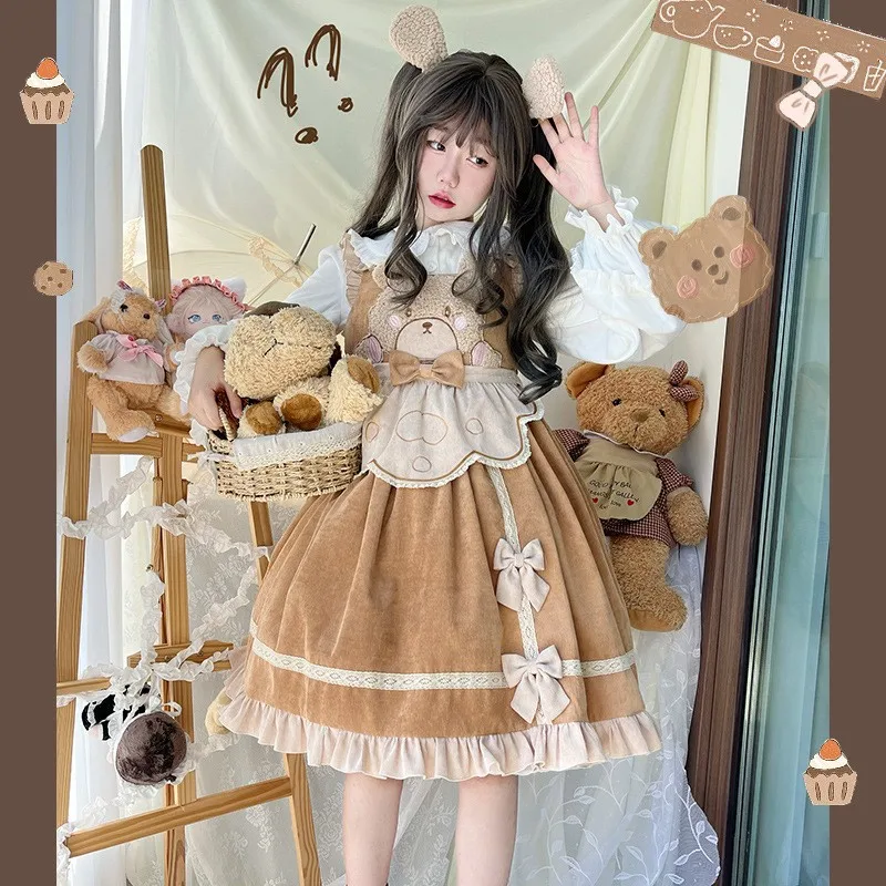 Japanische Koreanische Stil Mädchen Cord Party Jsk Kleid Herbst Winter Frauen Bär Stickerei Lose Süße Lolita Strap Kleider Kawaii