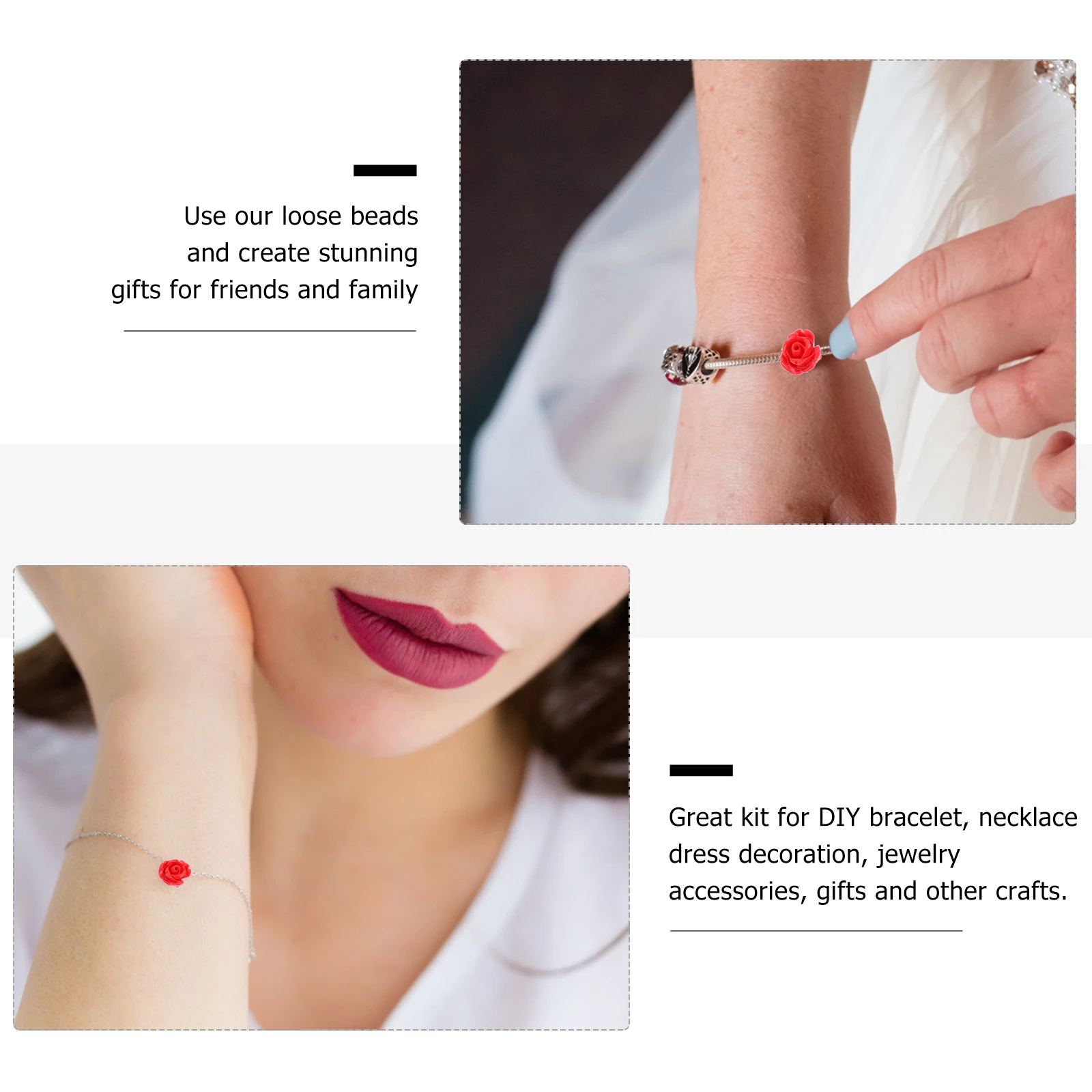 

50 Pcs Rose Bracelet Beads Kit for Jewelry Making Adults Necklace Small Bracelets Red Round Loose