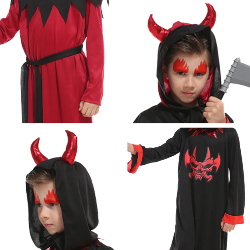 Halloween Red Demon Costumes For Kids Adults Hooded Devil Horns Cosplay Parent Child Clothes Carnival Party Dress Up