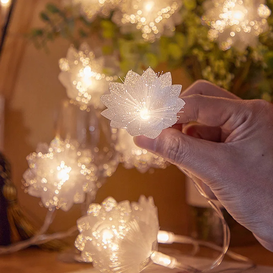 Guirnalda de luces LED de fibra óptica para decoración navideña, guirnalda de flores artificiales de 2/3M con batería para fiesta de año nuevo