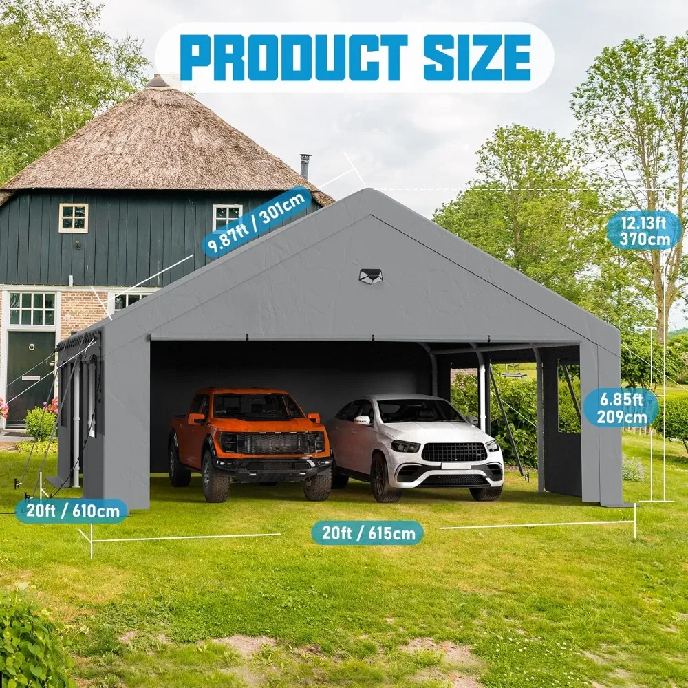 20x20 Heavy Duty, Portable 2 Car Port Garage, Carport Canopy with Side Roll Up Doors & Windows and Removable Sidewall