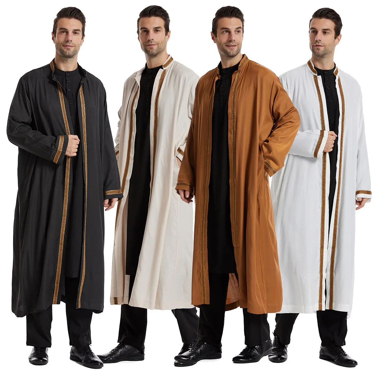 

Men's Thobe Long Sleeve Button Front Thawb Embroidered Stand Collar Kandura Oversized Maxi Dishdasha Solid Brown Black White