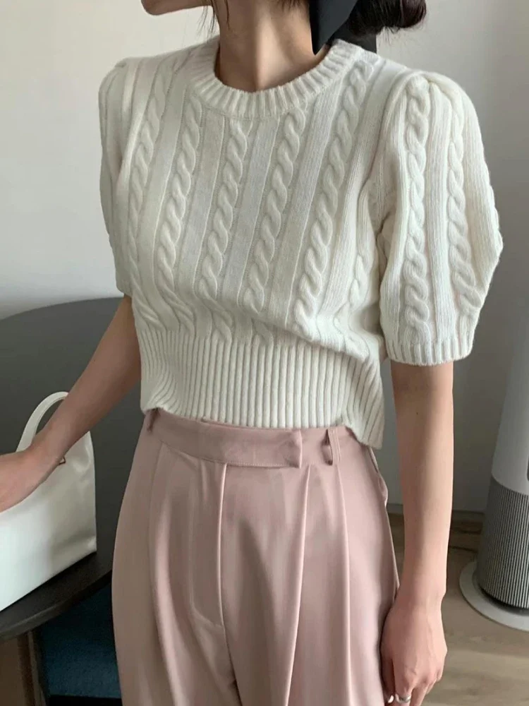 Korean Style O Neck Puff Sleeve Sweaters Women Spring Summer 2024 New Loose Causal Knitted Tops Vintage Elegant Sweet Jumper