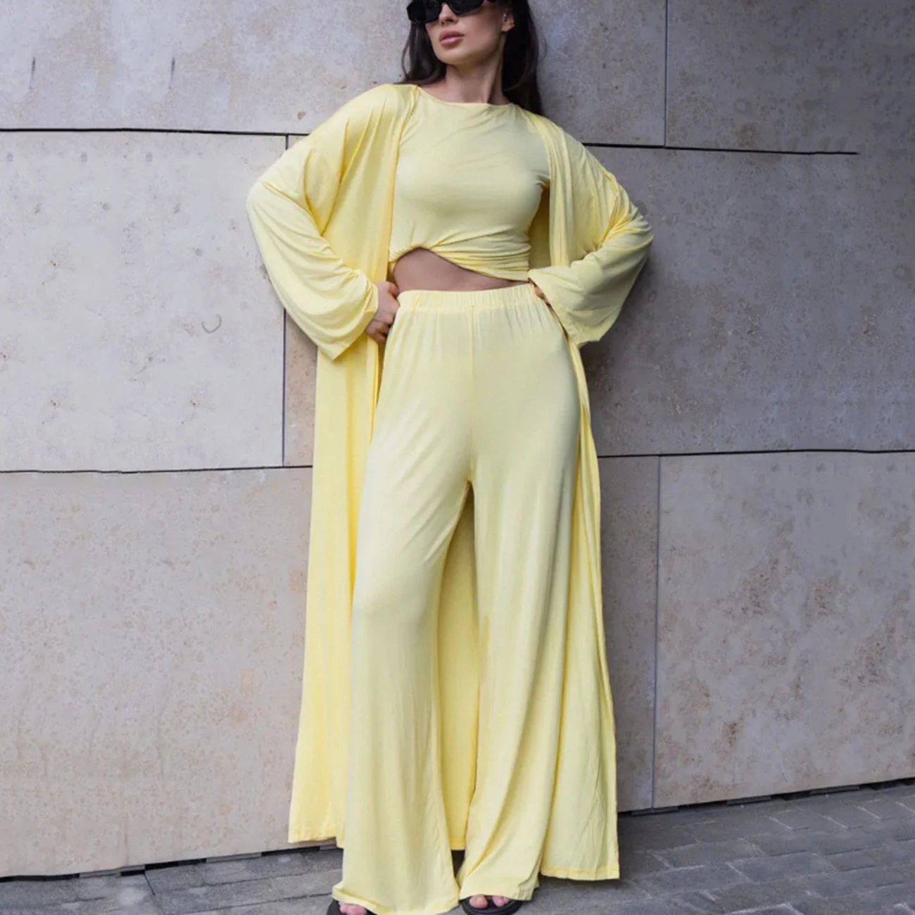 WXOY Women 3 Piece Set Casual Long Sleeve Crop Top Vest High Waist Wide Leg Pants Long Cardigan Lounge Casual Outfit Beachwear