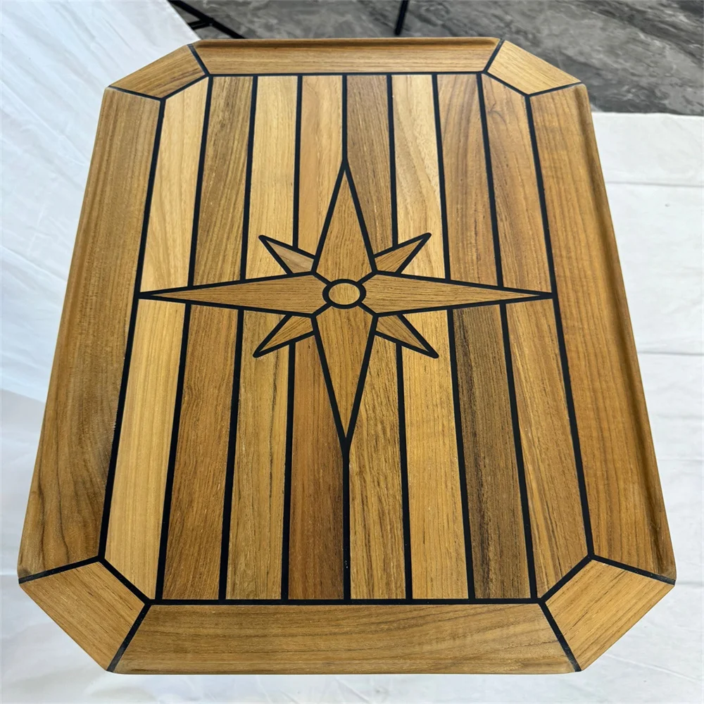 Rectangular Teak Table Top 375x600mm,14.8x23.6 Inch Square Corner Star Inlay Marine Boat Yacht RV TT4060