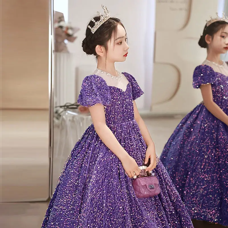 

Элегантное вечернее длинное платье для выпускного вечера для девочек-подростков, платье для дня рождения для маленьких девочек, детское пышное платье принцессы с блестками и пайетками на Хэллоуин