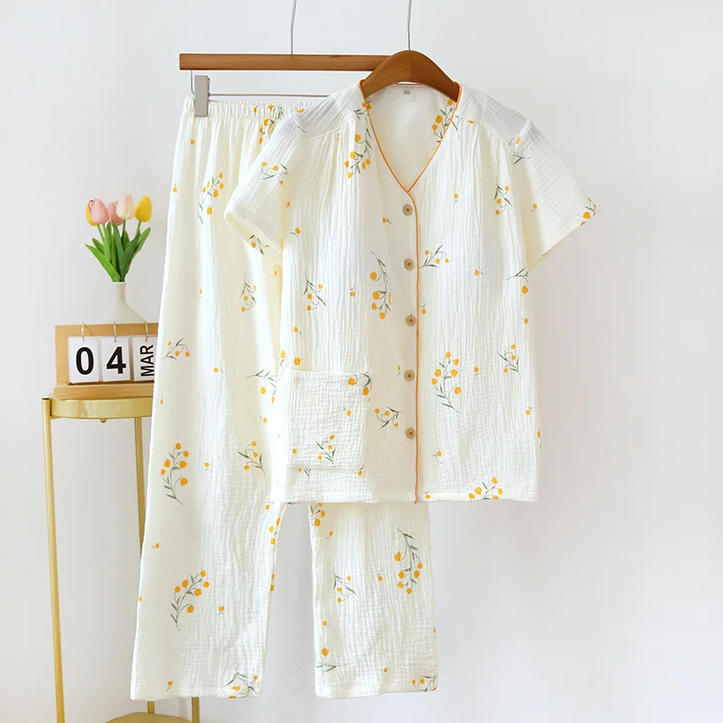 

2023 Summer New Women's Pajamas Short Sleeves and Long Pants Two Piece Set of All Cotton with Chest Pads Large Home Furnishing