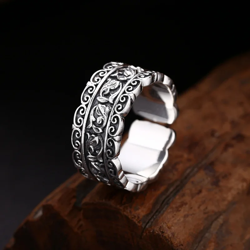 S925 Sterling Silver Vine Adjustable Ring Punk Style Hip Old Process Free Size Fine Jewelry FYRNG110