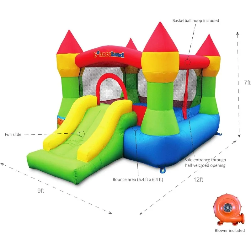 Inflatable bounce house castle with basketball hoop, inflatable bounce bed, fun slide, safe entrance