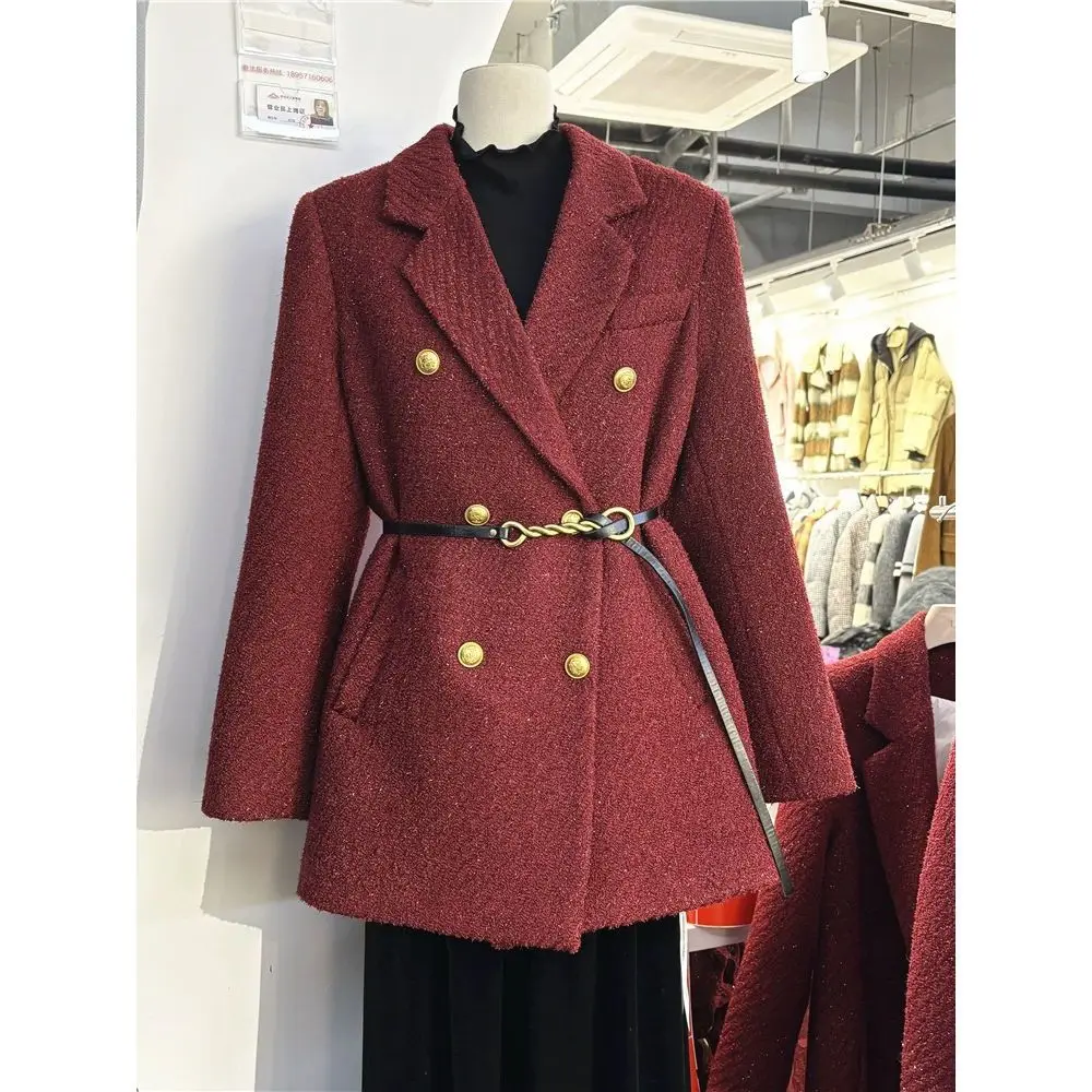 Waist-Cinching Woolen Suit Coat for Women Mid-Length Winter New Slimming and Lightweight Cotton-Padded Blazer Top High Quality