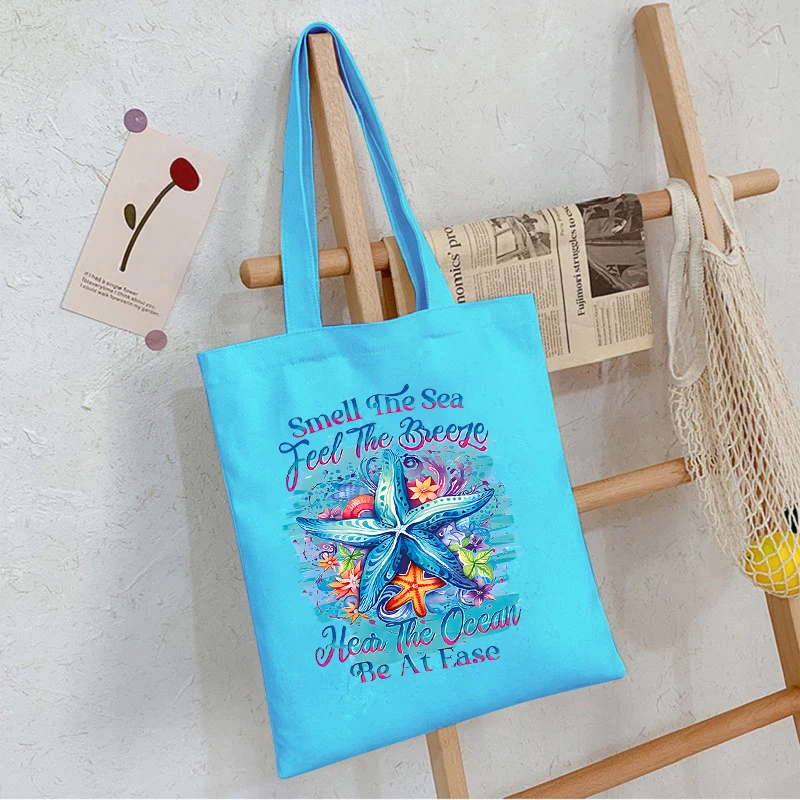 

New Starfish "Smell The Sea..." Series Women Tote Bags Vintage Summer Style Canvas Handbags Fun Beach Ocean Travel Handbags Gift
