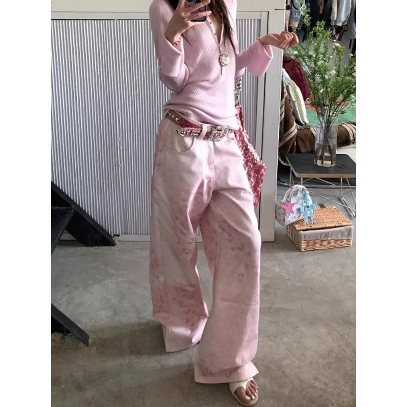 Women's Adorable Pink Vintage High Waist Wide Leg Jeans Back 2025 Summer Slimming Exclusive Type Ladies Denim Trousers