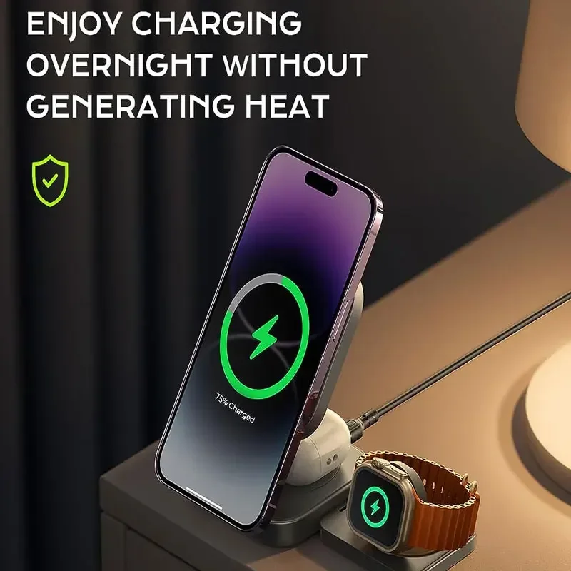 حامل شاحن لاسلكي صغير قابل للطي 3 في 1 لهاتف iPhone 15 14 13 12 Pro Max Apple Watch 8 7 حامل محطة شحن سريعة مغناطيسية #6
