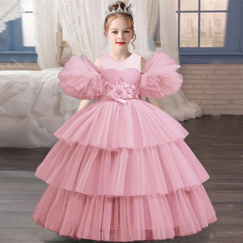 4-12 Year Old New Girls\' Dress Flower Fluffy Tulle Fluffy Cake Dress Girls\' Piano Performance High end Banquet Evening Dress