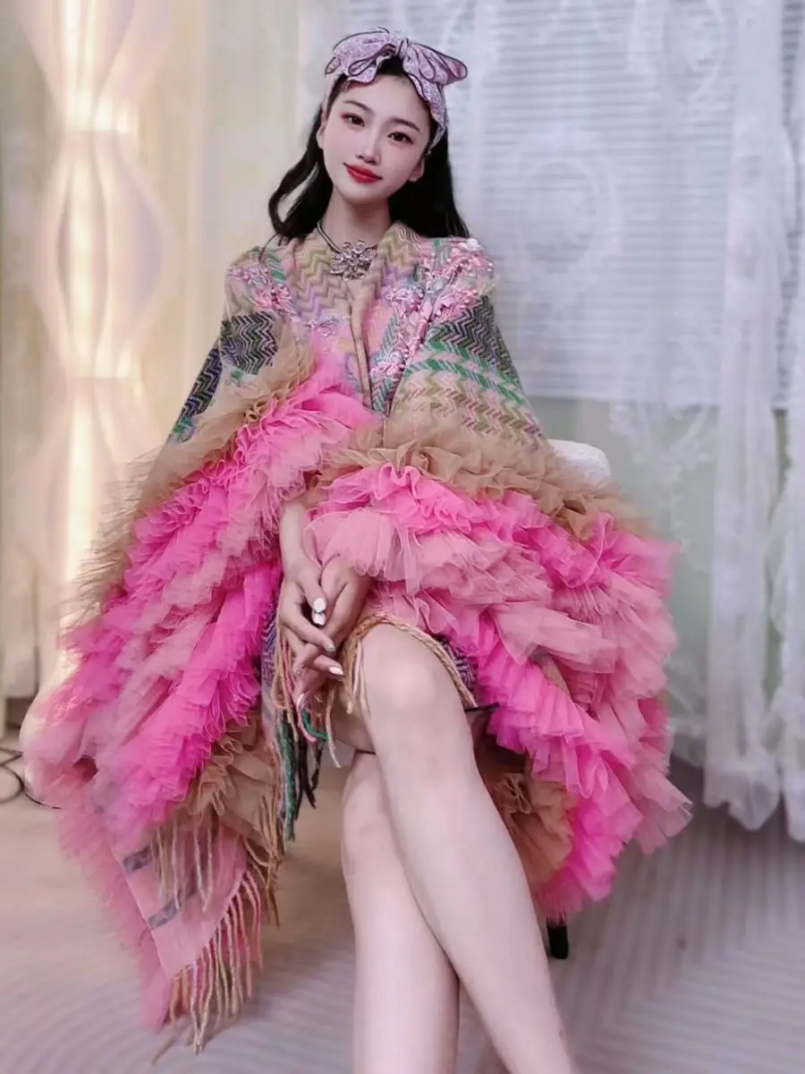 Colorful Coat ＆ Sleeves Tippet Light Color Wrap Trendy Ethnic Style Knitted Sweet Shawl Dress Daily Wear Rainbow Sweater Shawl