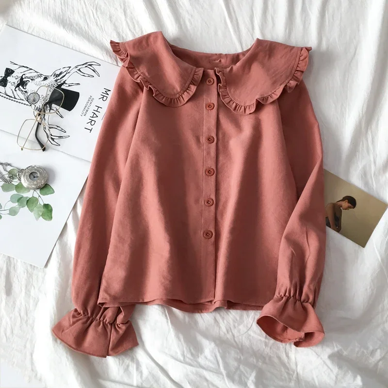 Peter Pan Collar Shirts Womens Solid Kawaii Sweet Girls Kroean Style Flare Sleeve Simple Femme Camisas Leisure High Street Chic