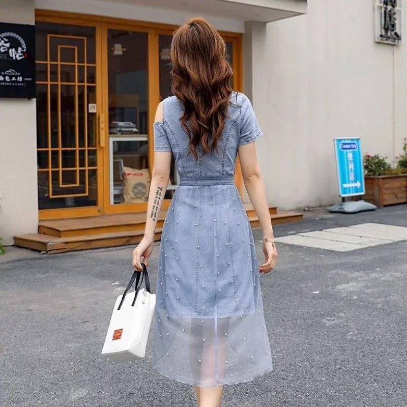 New Mesh Splicing Korean Summer Denim Dress Set, Sweet and Loose Temperament Waist Cinching Skirt for Woman dress setsdress set