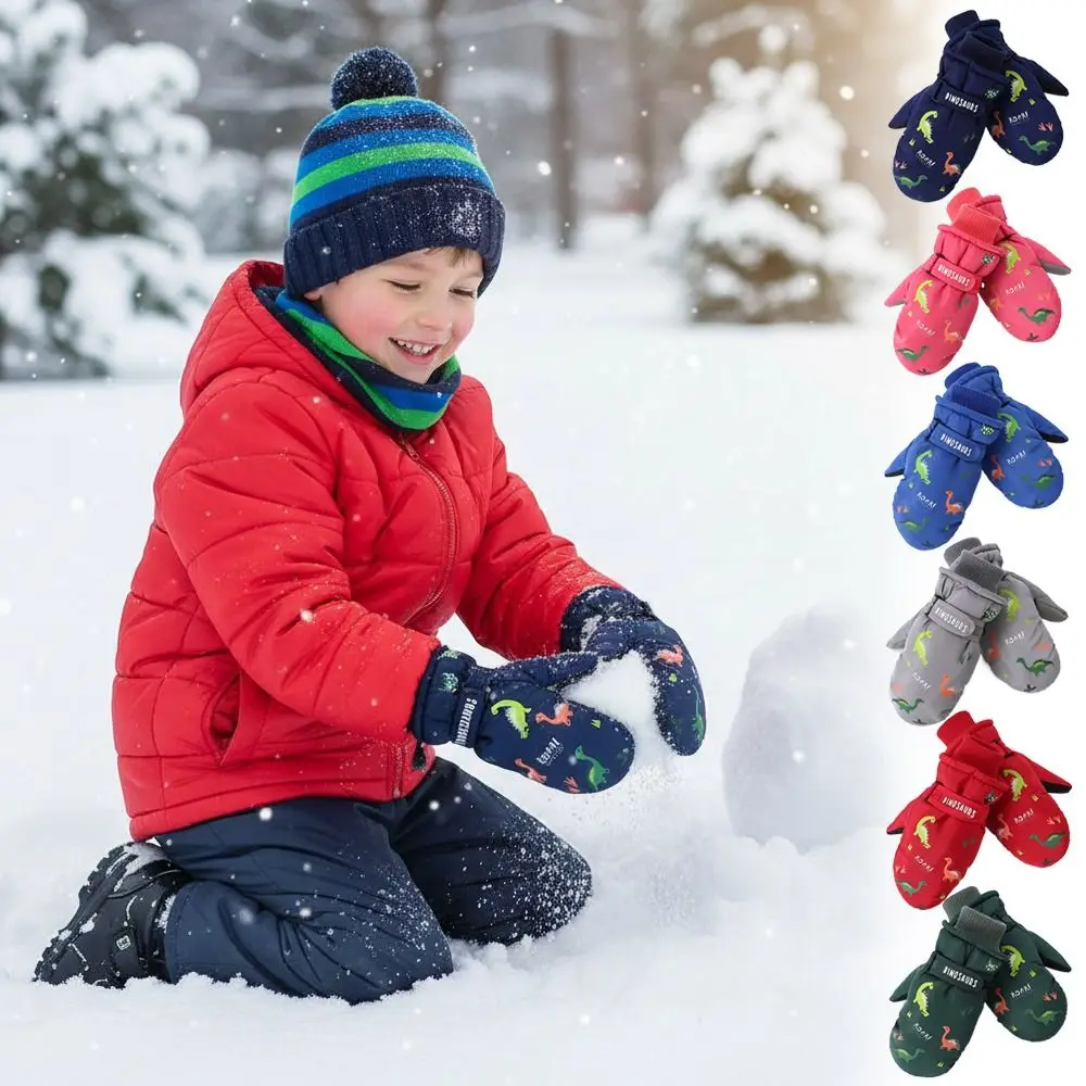 

Cartoon Dinosaur Ski Gloves Windproof Lining Velvet Warm Gloves Waterproof Thickened Thermal Snow Gloves For Boy Girl Children
