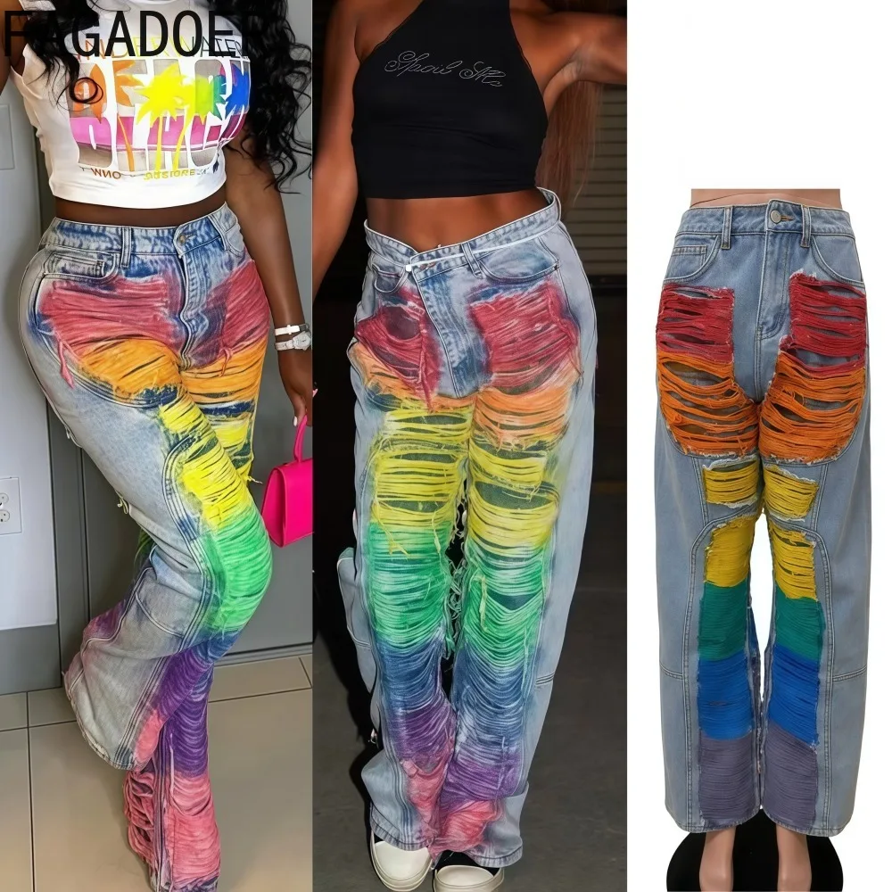 

FAGADOER Autumn New Fashion Denim Pants Women Solid Color Gradient Tassels Patchwork Straight Leg Pants Female Streetwear Bottom
