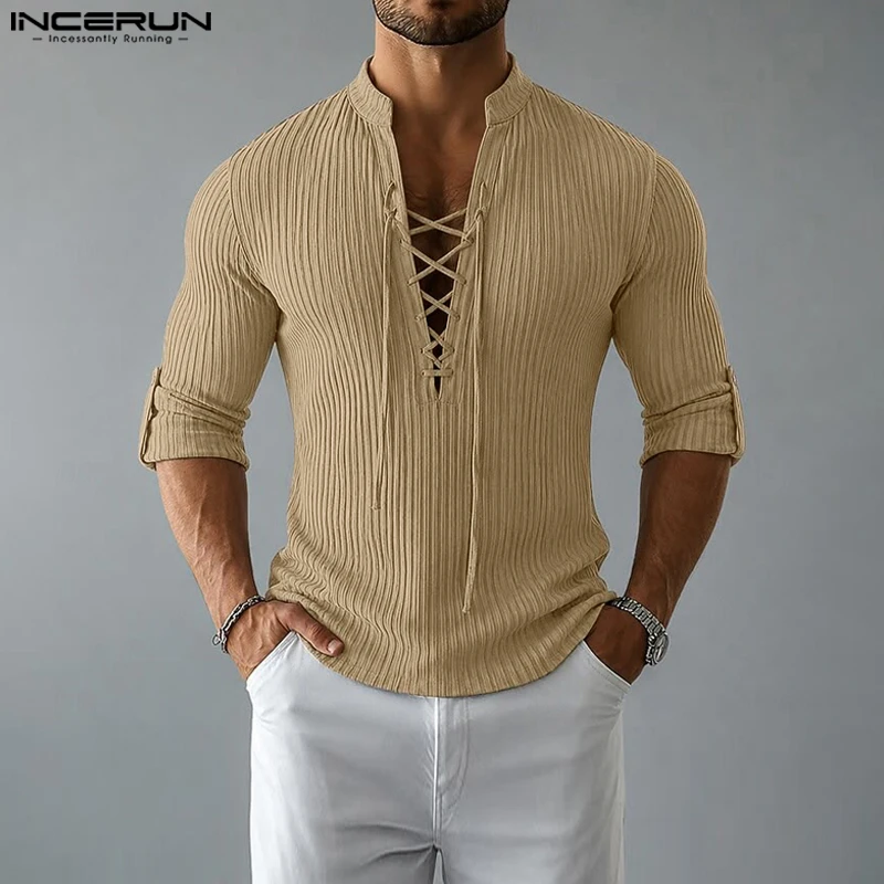INCERUN Men's T Shirt Solid Color V Neck Lace Up Long Sleeve Casual Tee Tops For Man Streetwear Spring Autumn Men Clothes 2026