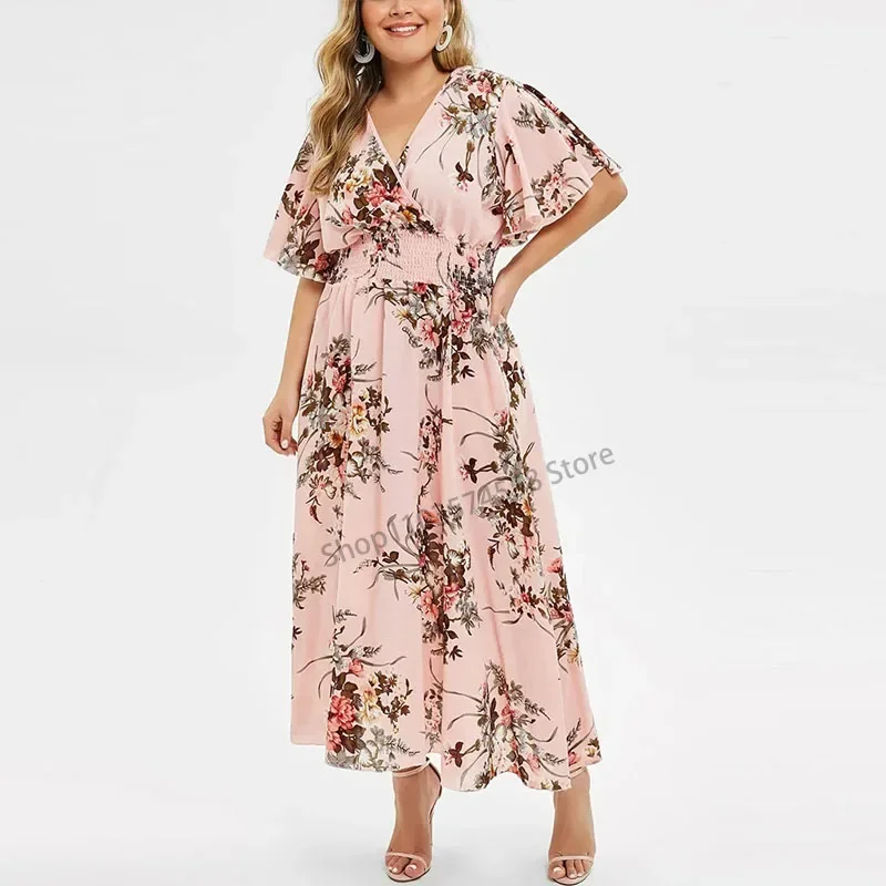 Vestido floral boêmio solto de grandes dimensões para mulheres, adequado para praia e verão, terno, 3XL, 4XL, 5XL, 2024