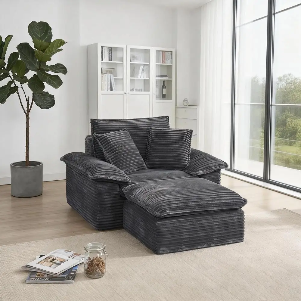 

48 Inch Oversized Corduroy Chaise Lounge Chair, Cloud-Soft Sofa Bed with Ottoman, Ideal for Living Room, Bedroom, or Lounge - Gr