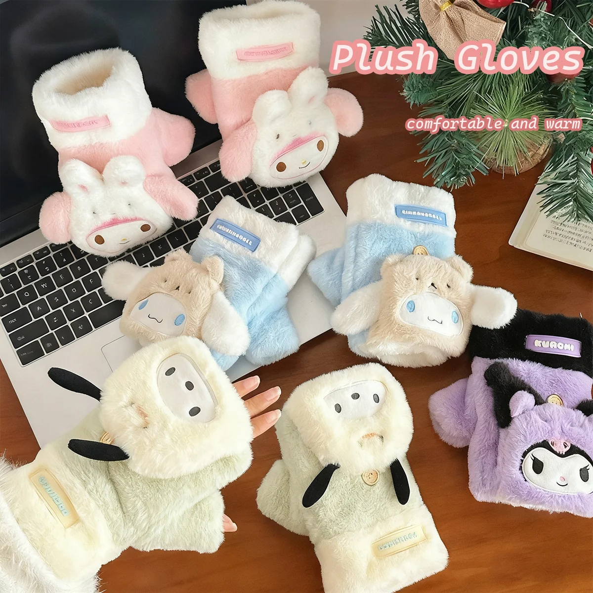 قفازات سانريو القطيفة بلدي ميلودي كورومي قفازات الوجه نصف إصبع قفاز مقاوم للبرودة شاشة اللمس قفازات دافئة هدية الشتاء #1