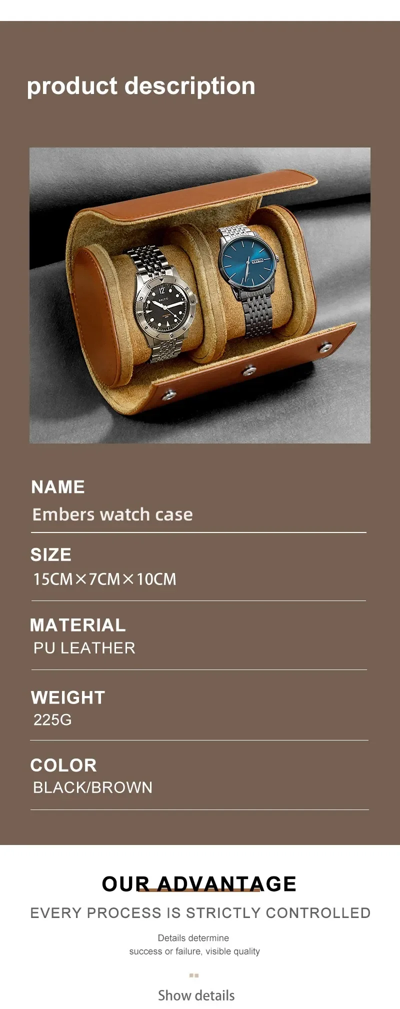 Embers Leder-Uhrenrolle mit 1, 2, 3 Fächern, Luxuriöse Echtleder-Uhrenaufbewahrungsbox, Reiseetui, Uhrenetui, Geschenkbox, Uhrenbeutel – Detail 2