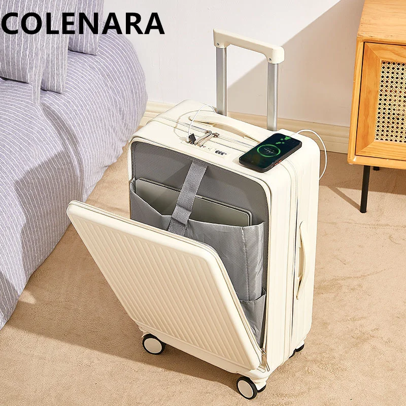 COLENARA Carry-on Travel Luggage Front Opening Boarding Case USB Charging Trolley Case 20'22'24“26”28” Men's Cabin Suitcase