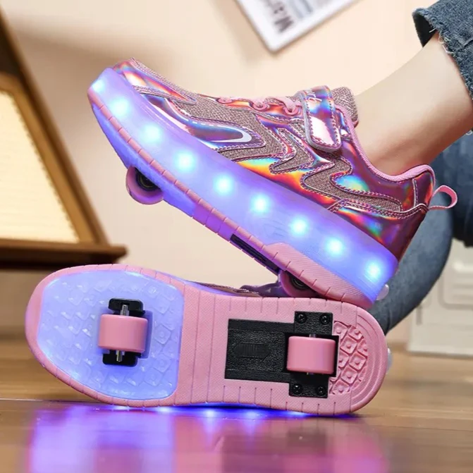 

Children's walking shoes boys' double-wheel retractable and deformable roller skates new girls' flashing kids sneakers